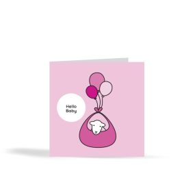 Pink baby card featuring Herdy saying "Hello Baby"