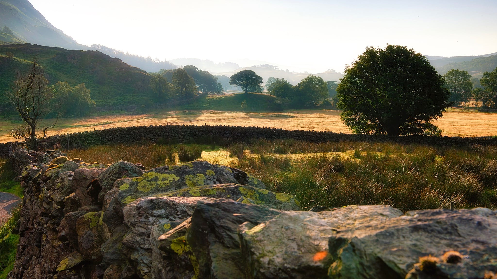 A golden sunset of layers of Lake District land, separated by dry stone walls