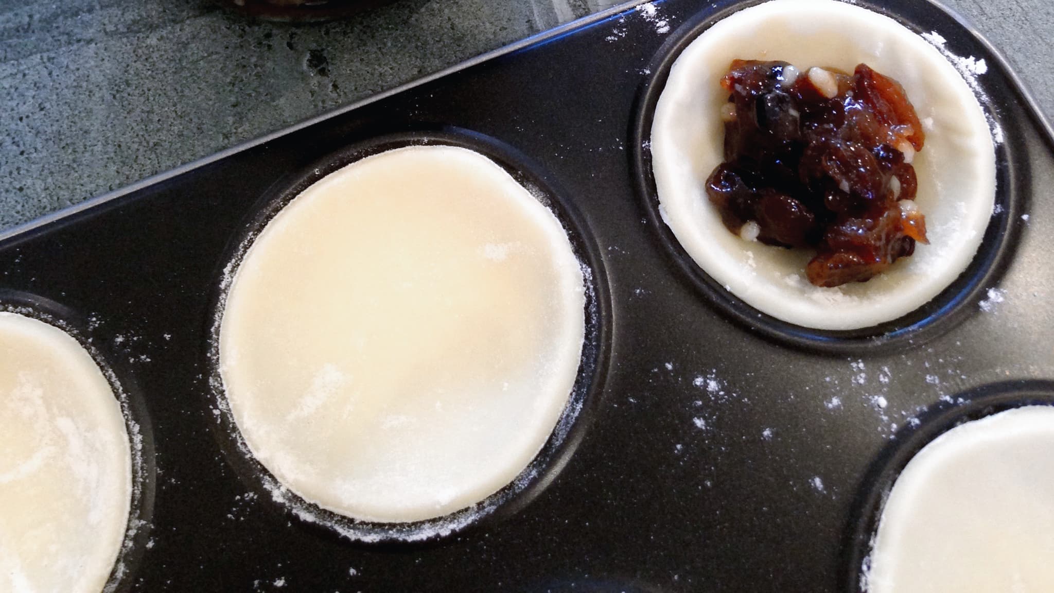 Fill each pastry base with mincemeat, leaving room at the top