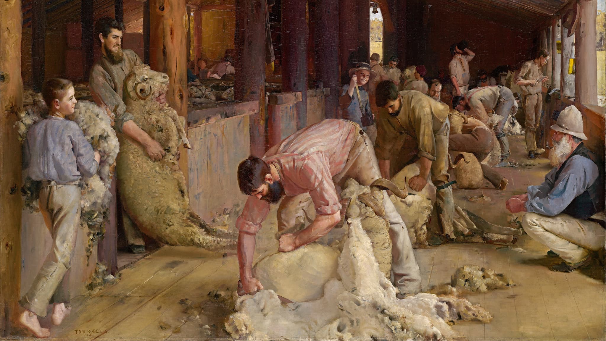 "Shearing the rams" (1890), oil on canvas on composition board by Tom Roberts.