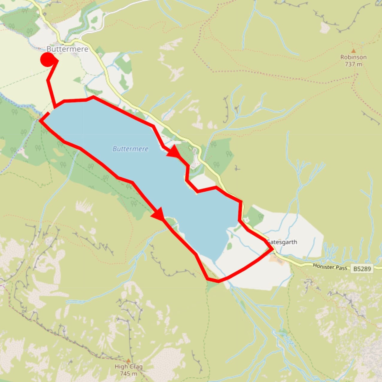 A map showing the circular walk from Buttermere village around Buttermere itself