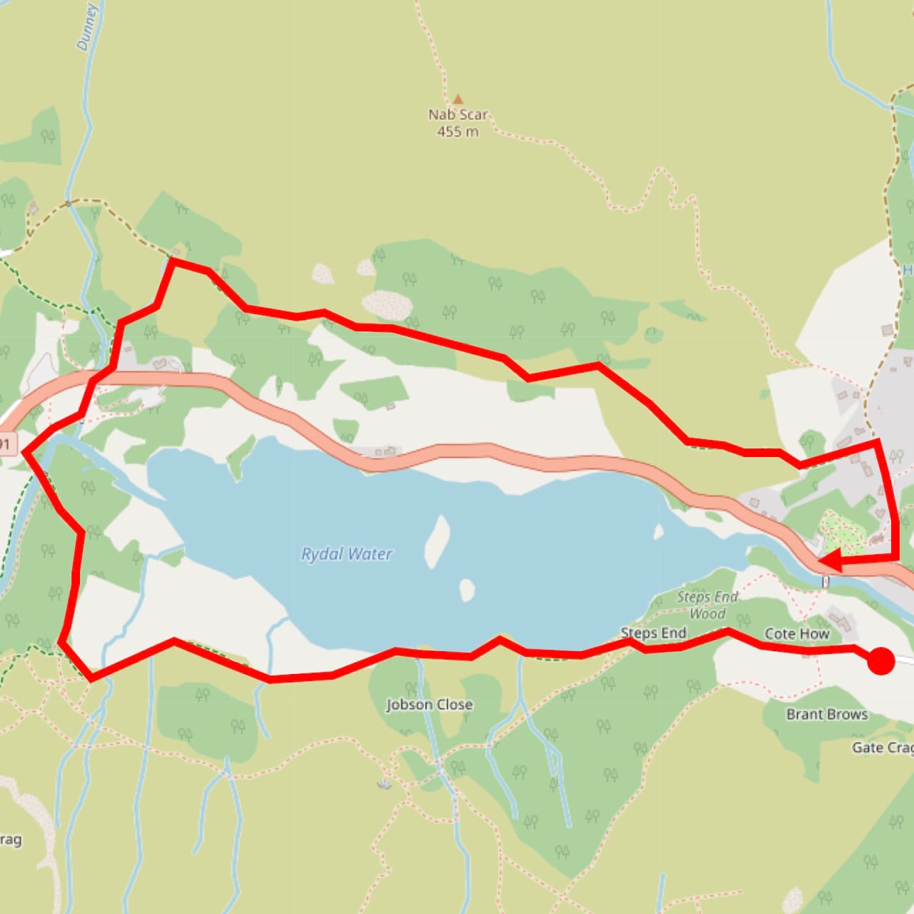 A map showing the circular walk from Pelter Bridge car park around Rydal Water, ending at the Glen Rothay's Badger Bar