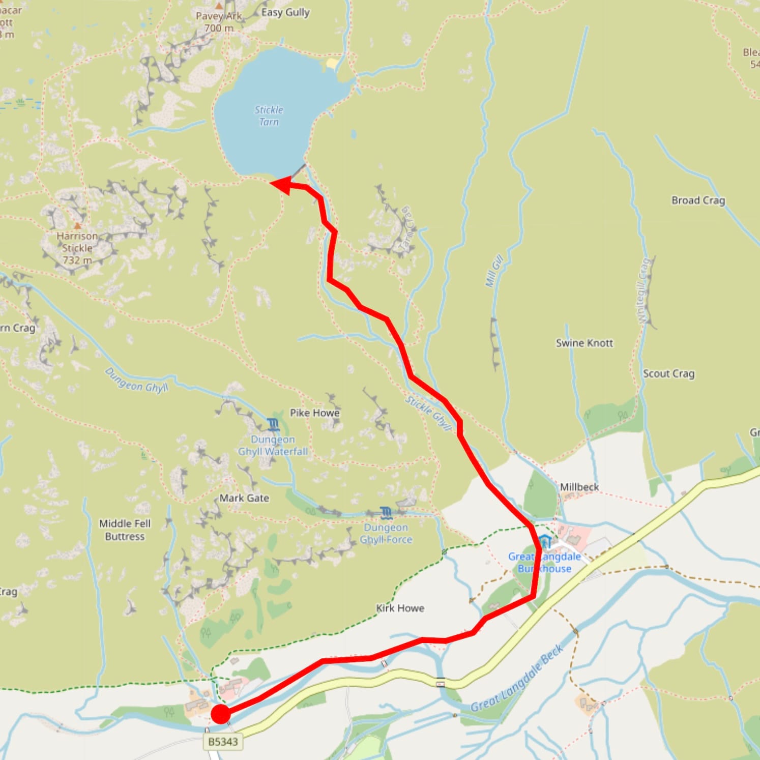 A map showing the walk from the Old Dungeon Ghyll Hotel in Great Langdale to Stickle Tarn