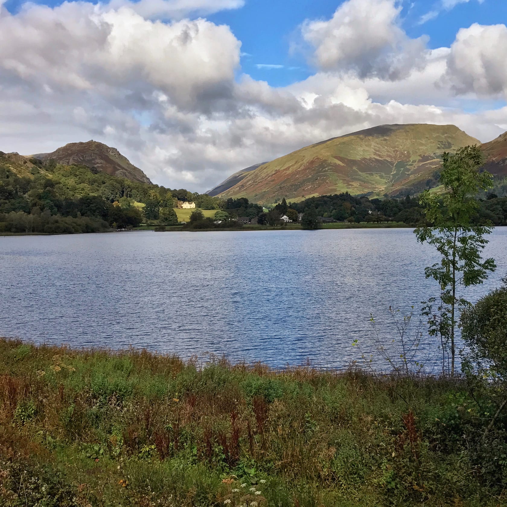 A view across Grasmere lake on a blue sky and puffy clouds day, with Helm Crag on the left and Seat Sandal on the right