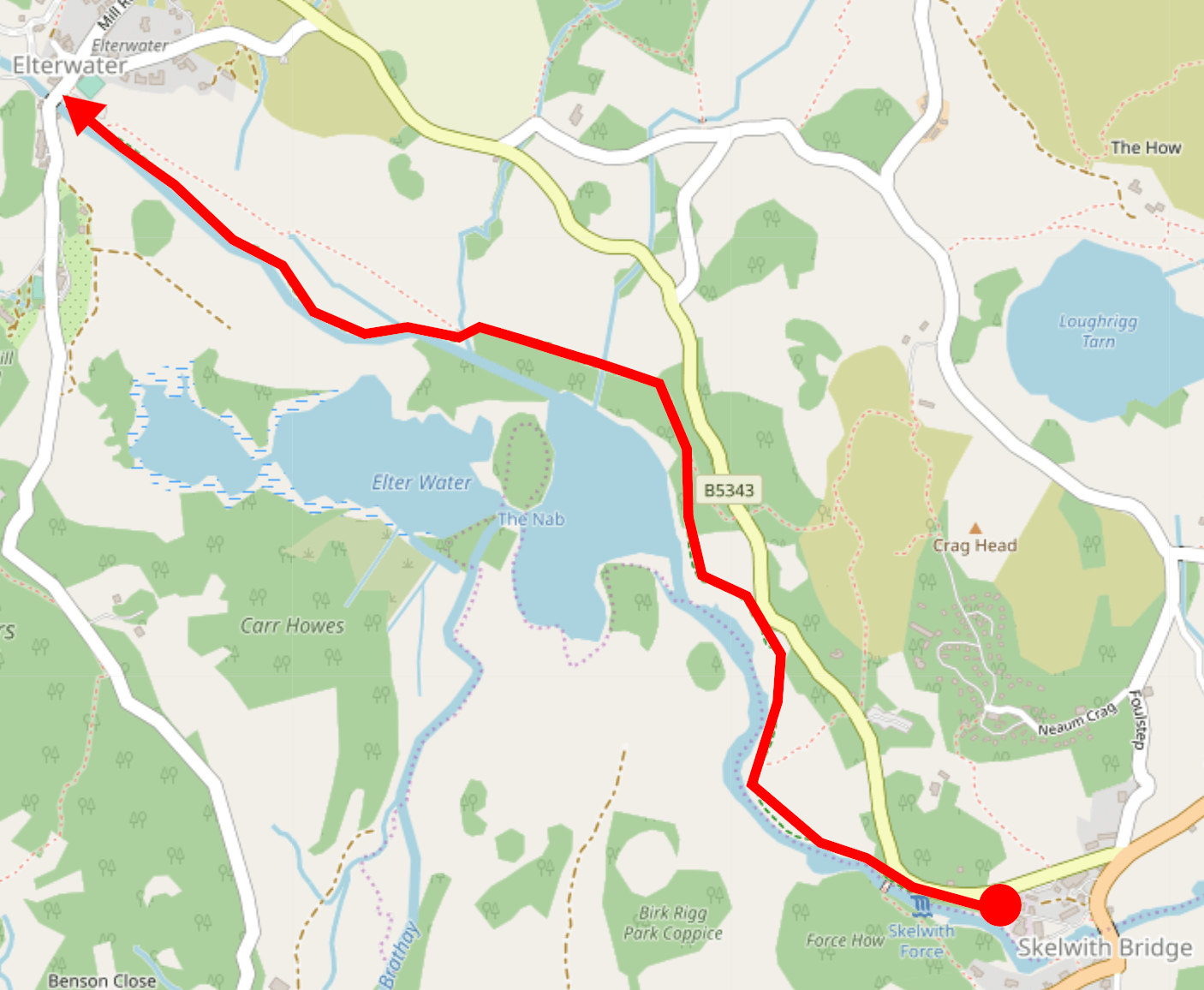 Map showing the walk from Skelwith Bridge to Elterwater village