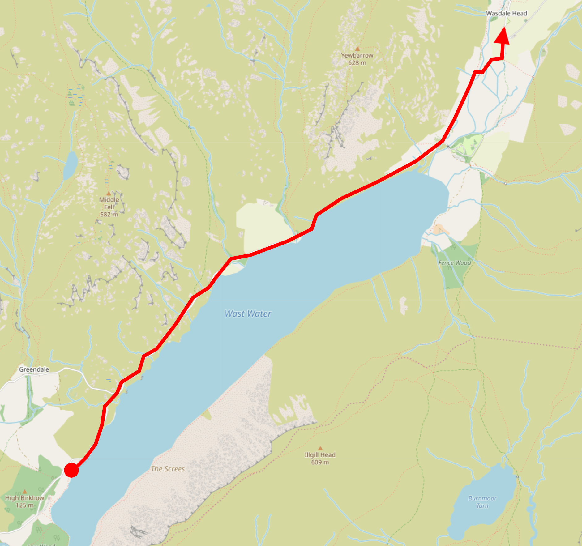 A map showing the walking route from the foot of Wastwater towards Wasdale Head