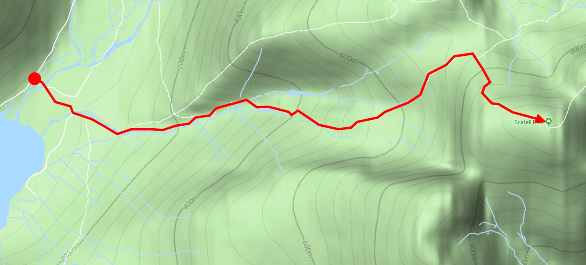 The route to the summit of Scafell Pike from the National Trust Wasdale Head campsite.