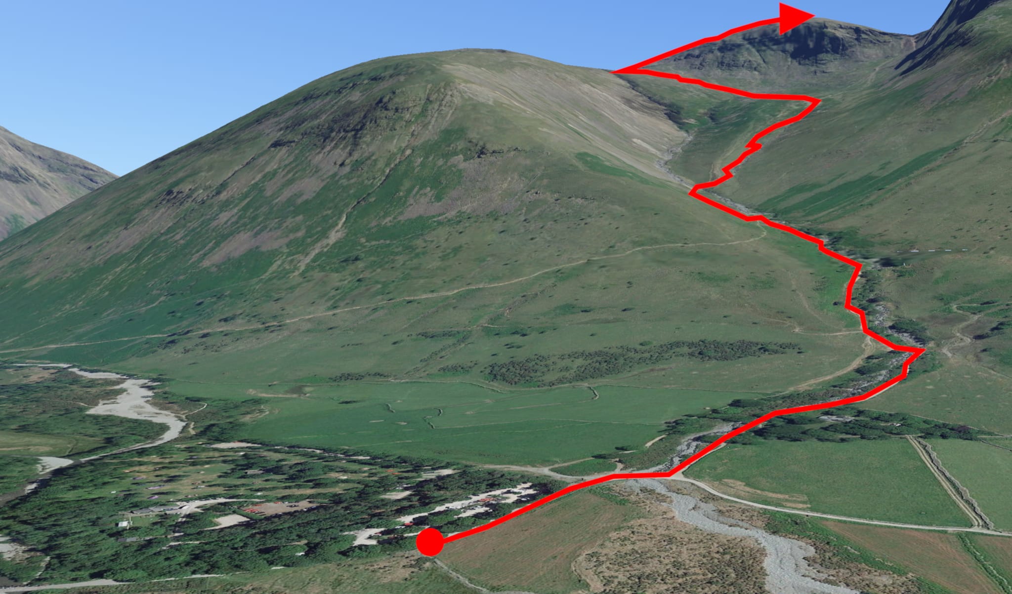 A 3D satellite image showing the route to the summit of Scafell Pike from the National Trust Wasdale Head campsite.