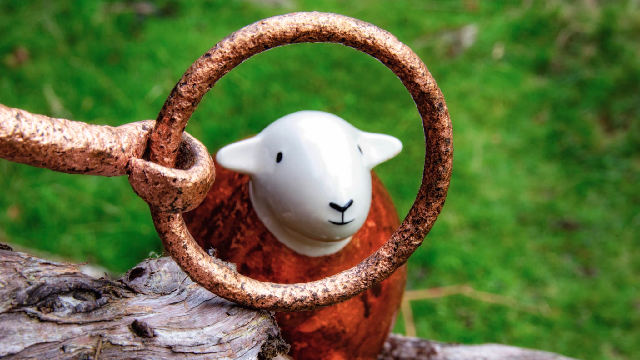 A copper-gilded Herdy looks through a copper-gilded ring