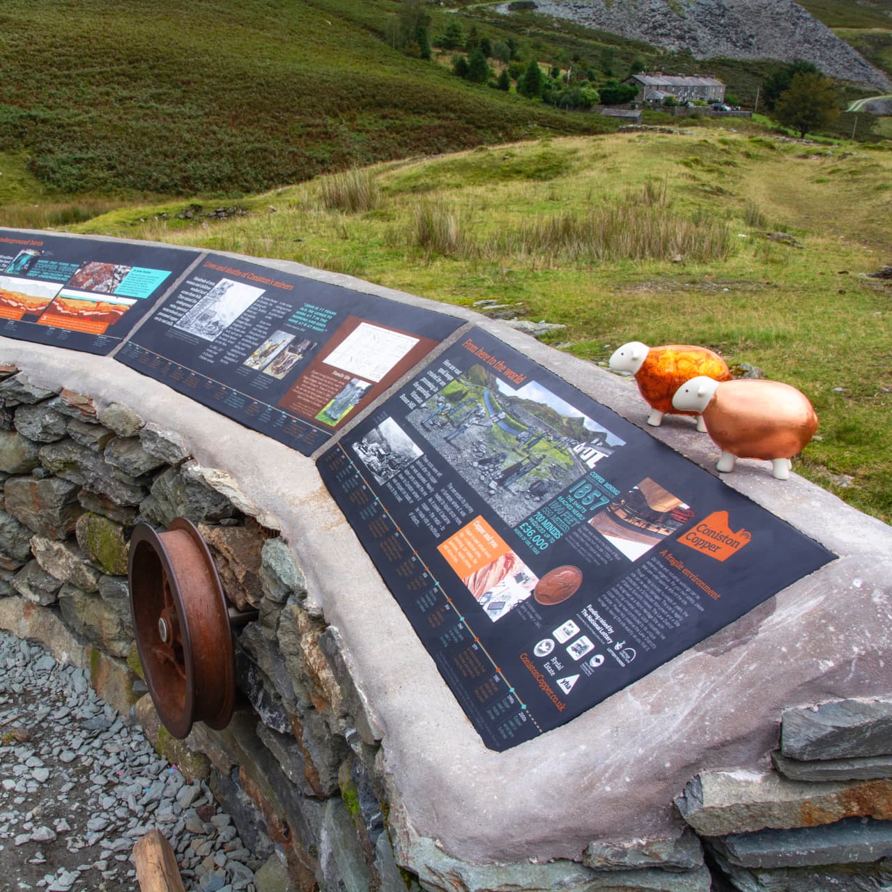 Two Copper Herdys perch on the tourist information boards about the Coppermine valley