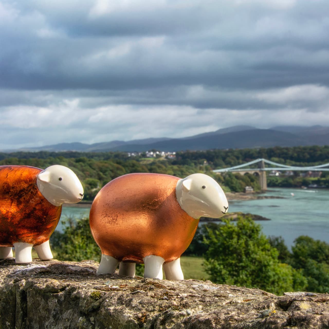 The two Copper Herdys perch above the Menai Strait with the Menai Bridge and the Snowdonia mountains in the distance.