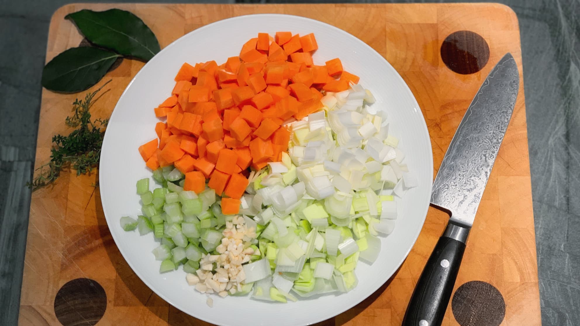 Dice your veggies and finely chop the garlic