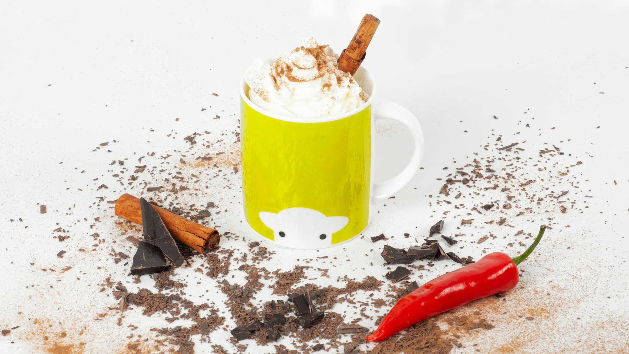 Chilli and chocolate work! This Mexican hot chocolate enjoys a nice hot kick from the cayenne pepper, which is tamed by whipped cream