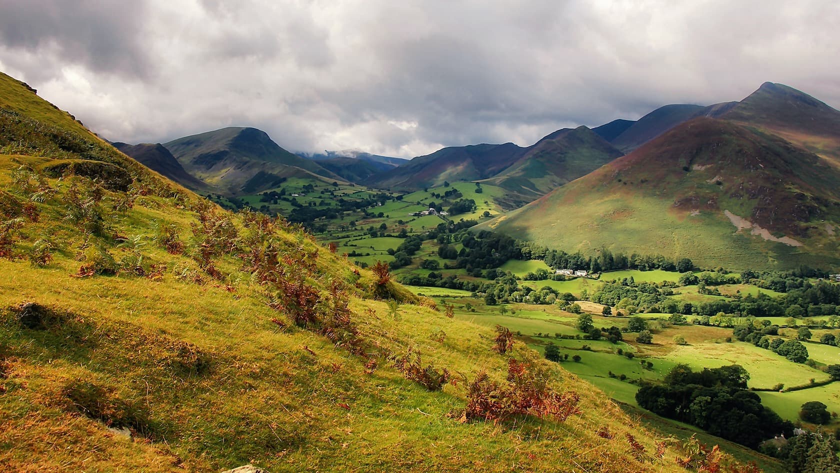 The view of the Newlands valley, looking northeast from the slopes of Cat Bells