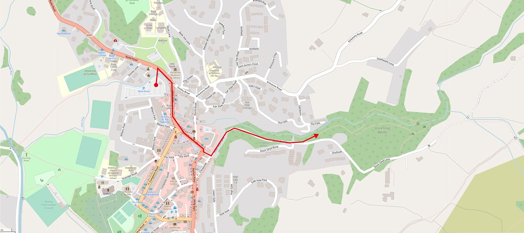 Map from Rydal Road Car Park to Stock Ghyll Woods