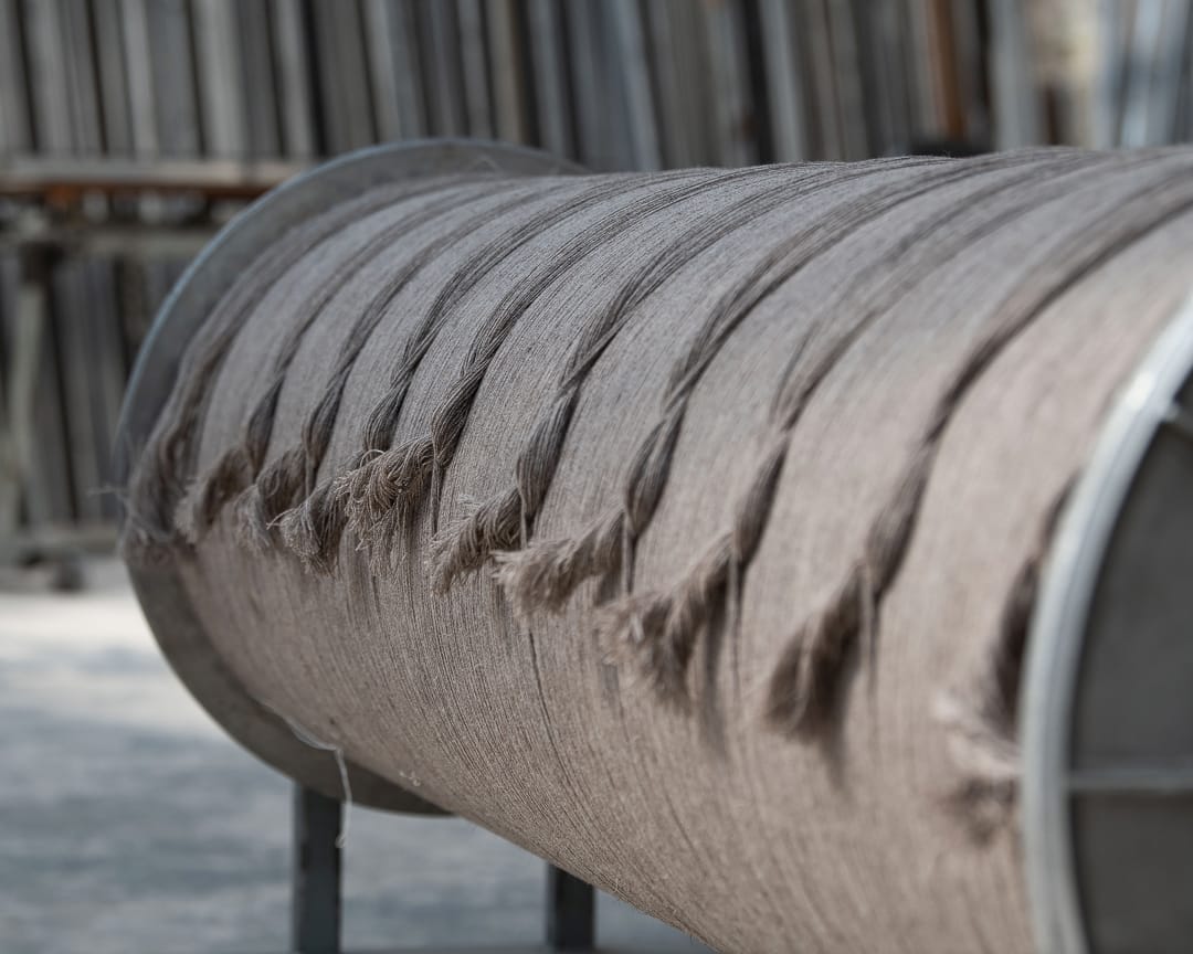 From the warping drum, the fibre is fed off onto the looms