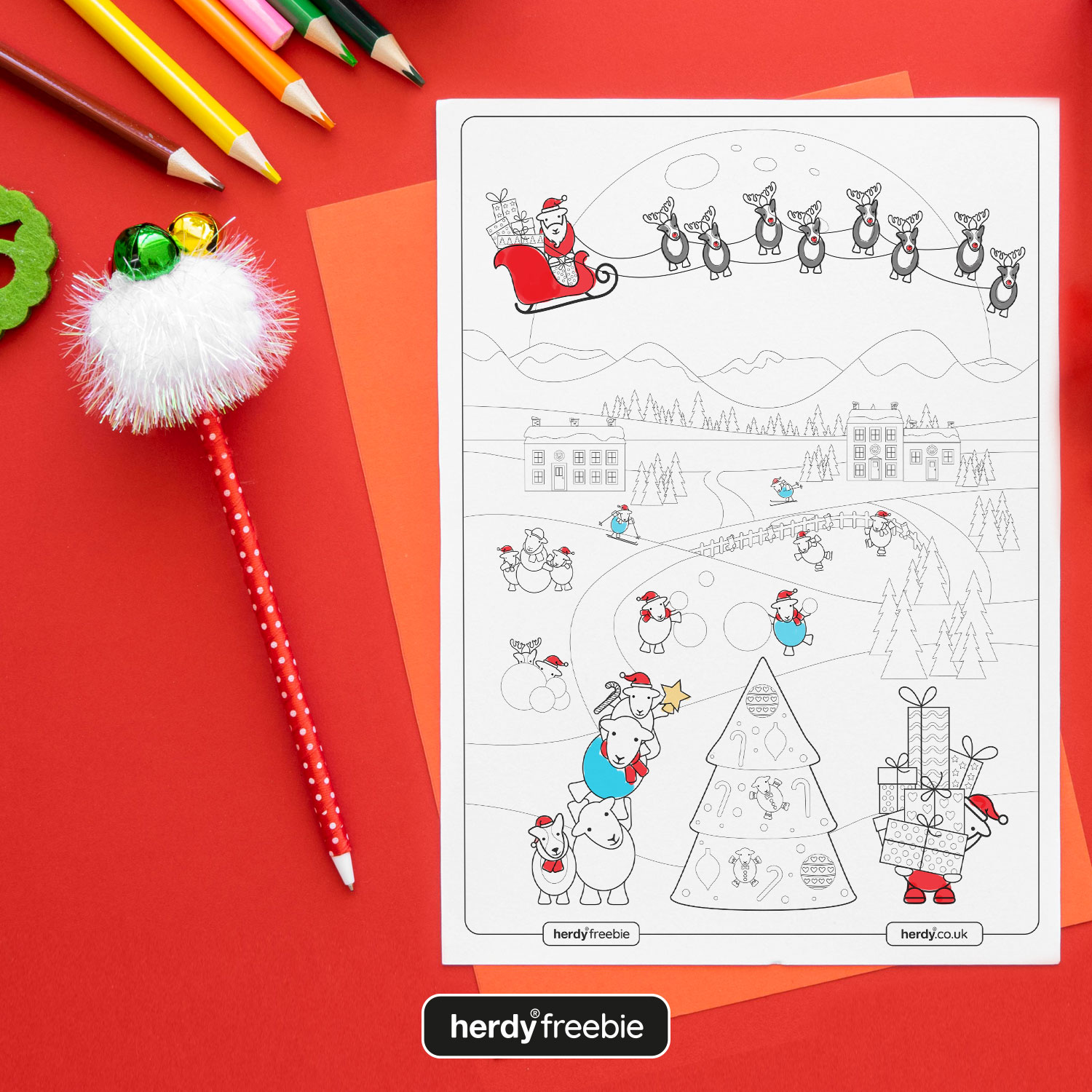 Free downloadable Herdy Christmas colouring in