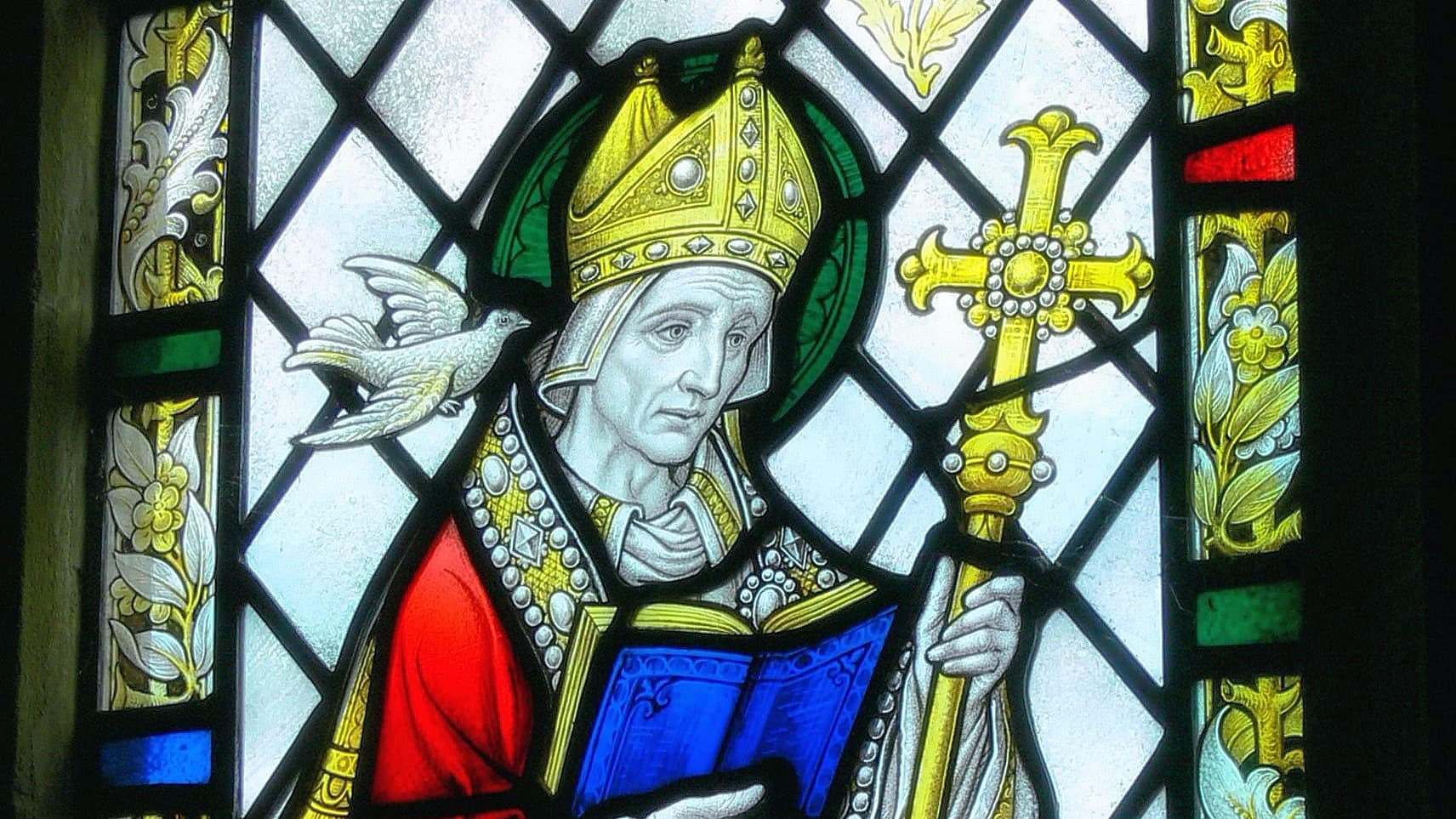 Our Lady and Saint Non's chapel (St Davids, Wales). Stained glass window (1934) showing Saint David.