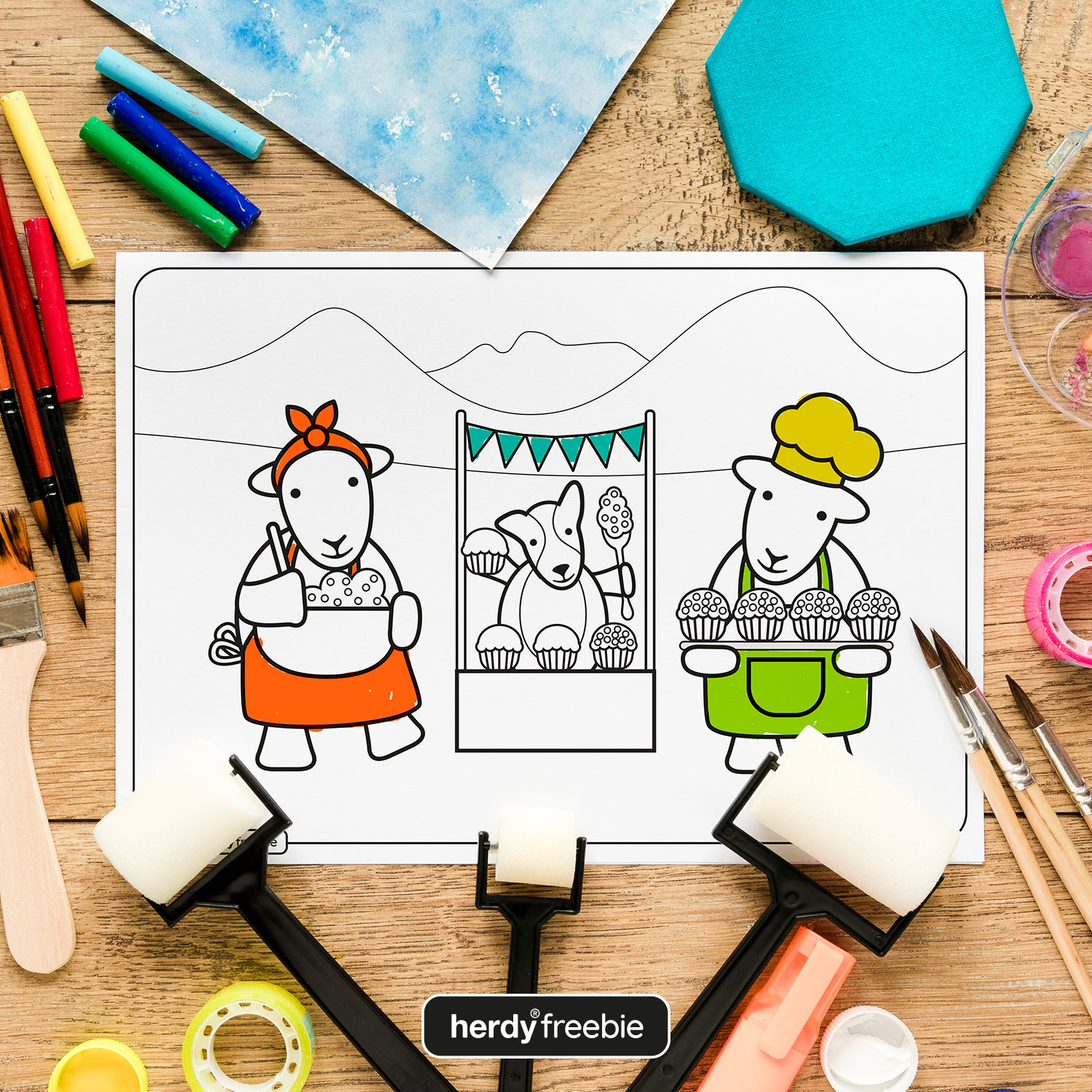 Herdy free coloring in download: image shows Herdy and Sheppy Baking