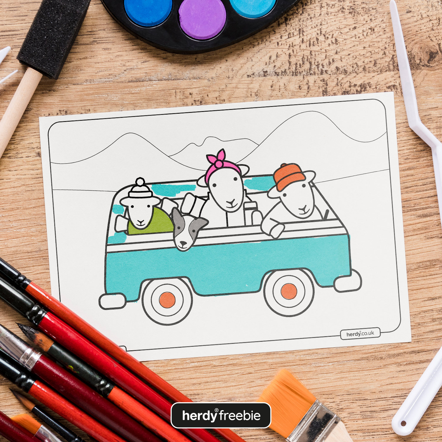 Herdy free coloring in download: image shows Herdy and Sheppy on a Campervan holiday in The Lake District