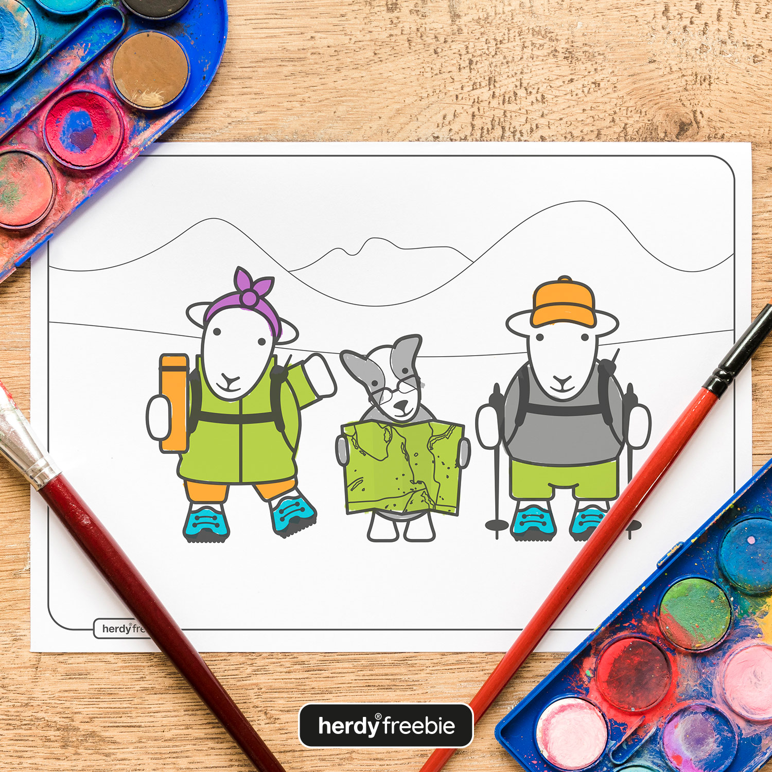 Herdy free coloring in download: image shows Herdy and Sheppy hiking in the Lake District