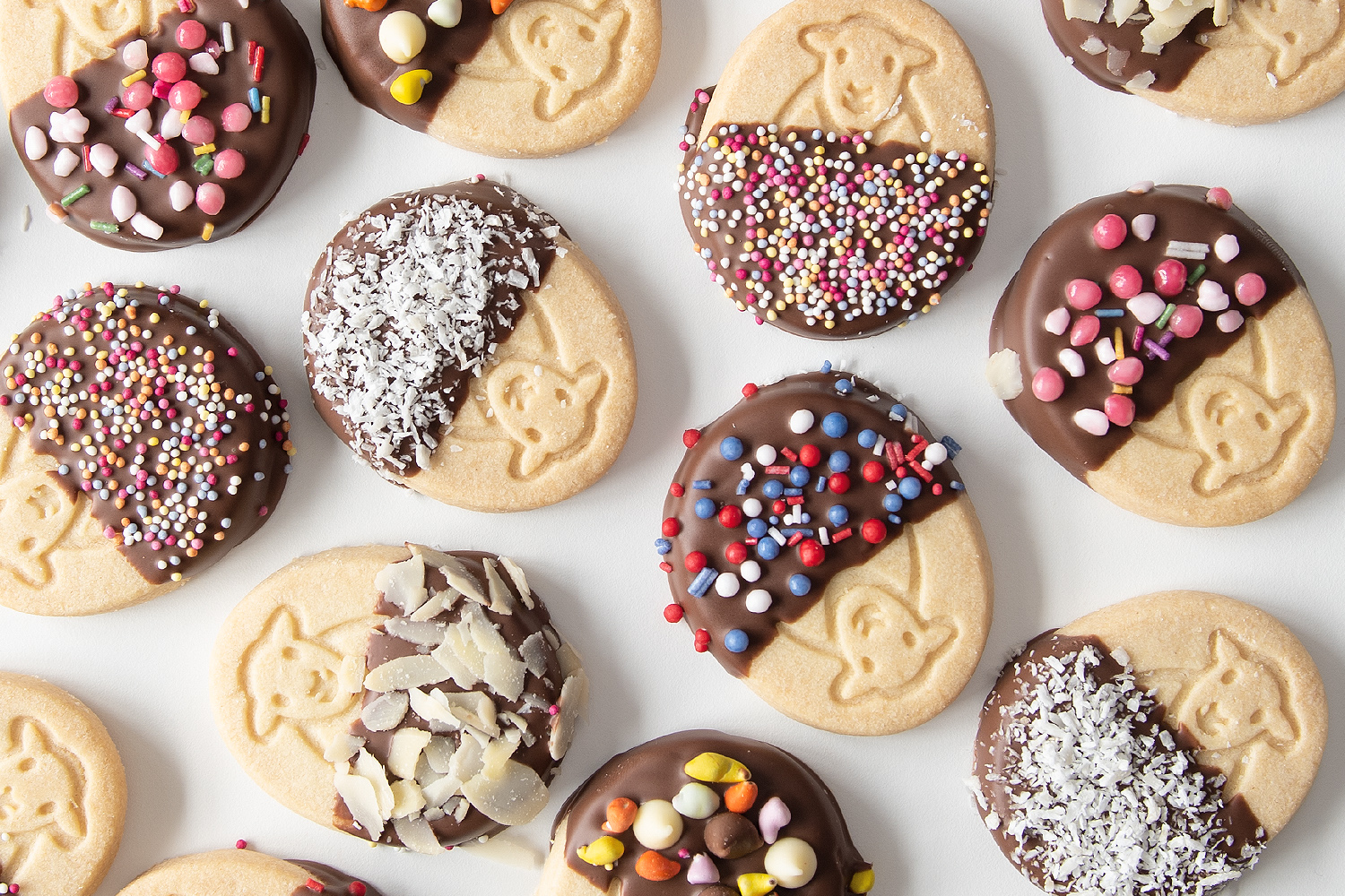 Herdy Sheep Dip Dunkers: Herdy Shortbread dipped in melted chocolate, decorated with sprinkles